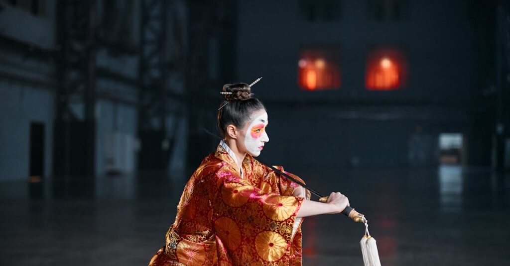 漫画『国宝』の舞台となる歌舞伎の世界観を表すイメージ。伝統芸能の舞台の灯りと影。