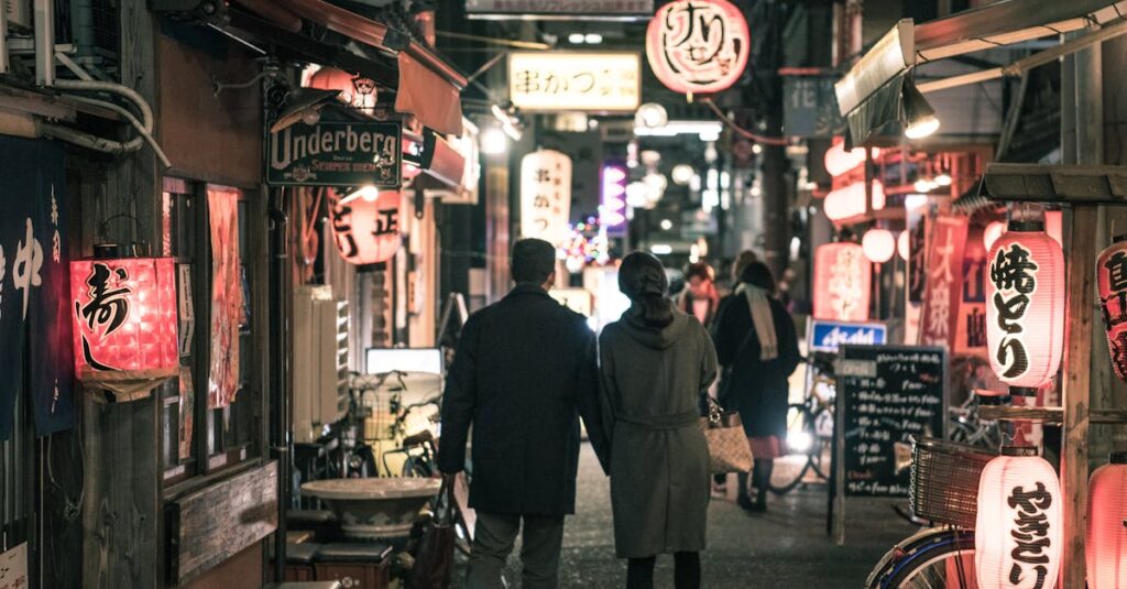 江戸風ファンタジー 世界観 夜の街と灯り 恋人たち シルエット