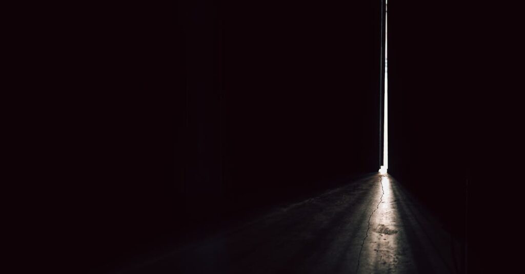 石造りの部屋で膝を抱えてひとりうずくまる子供。上から差すかすかな光だけが寄り添っている。忘れられた孤独の情景。