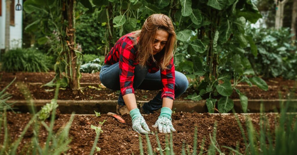 庭にひざをつき、両手で丁寧に苗を植える女性。その表情には決意と希望が宿っている。