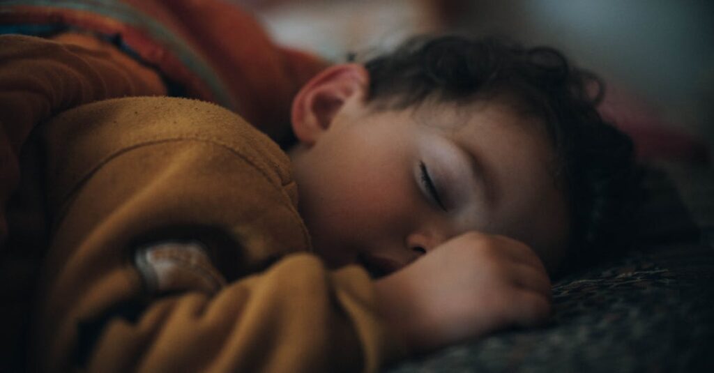 暖炉のそばの椅子で毛布にくるまって眠る子供。誰かがそっとかけてくれたような、安心のぬくもり。