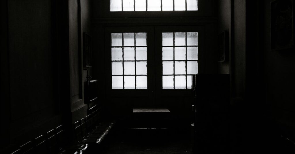 廊下に並ぶ三つの扉。それぞれ色も雰囲気も違う。柔らかく神秘的な光の中、どれかを選ぶ静かな瞬間。