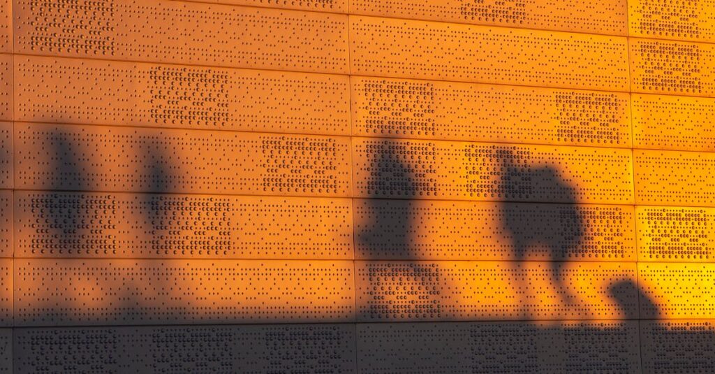 夕暮れの光の中に並ぶ四つのシルエット。触れ合ってはいないけれど、確かにそこに在る、ひとつの家族のかたち。