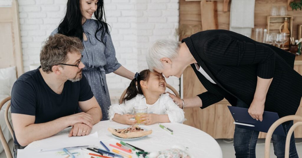 孤児の少女が新しい家族と出会うアニメ風の感動シーン