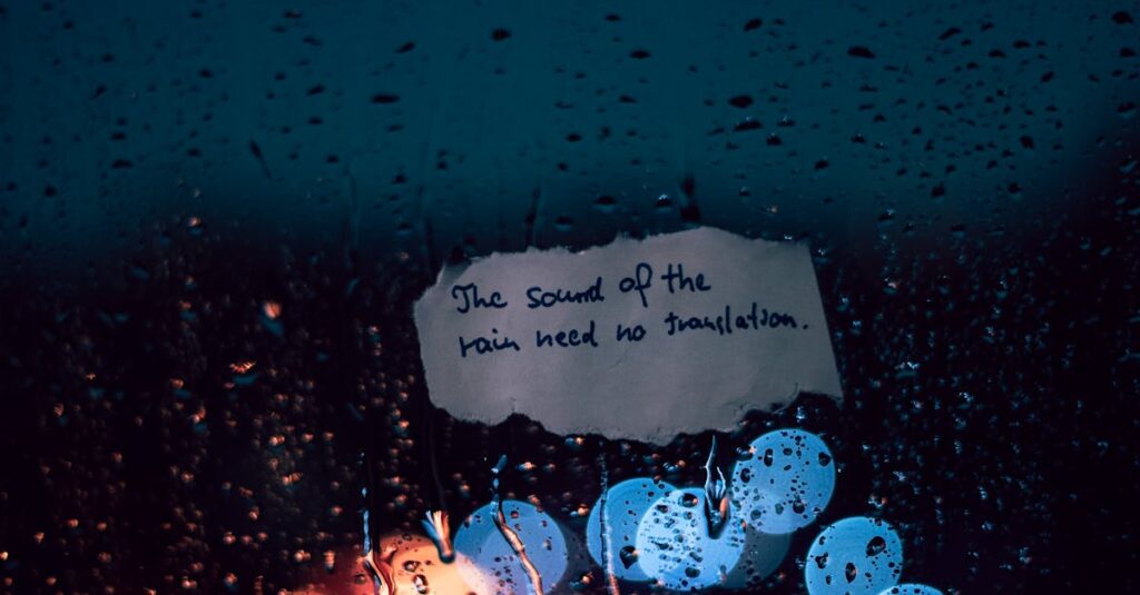 雨の中で名言が心に響くアニメのシーン。言葉と感情が交差する、繊細で詩的な心の描写を象徴する場面