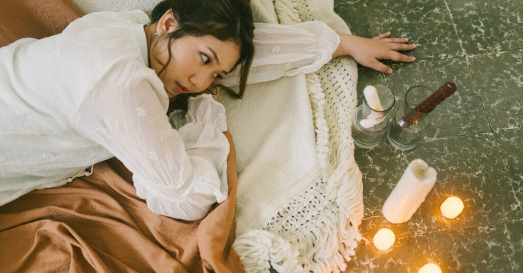 やわらかな光の中で静かに自分を受け取る女性。完璧じゃなくても、ここにいていい。