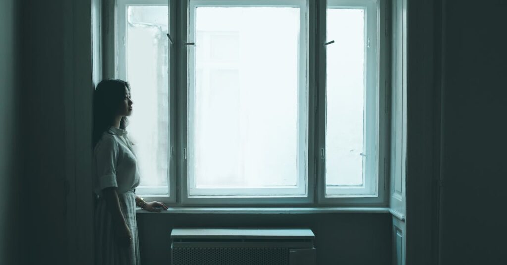 言葉を内に抱えたまま静かに佇む女性。わかってほしいのに言えない気持ちを象徴する風景。