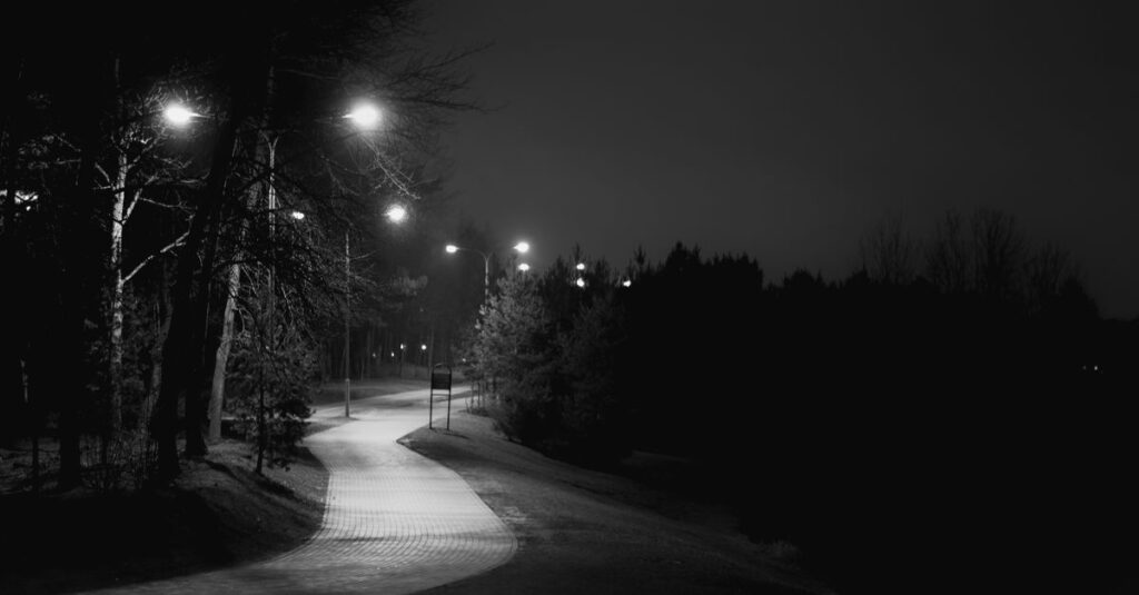 quiet path with soft space between lights calm atmosphere