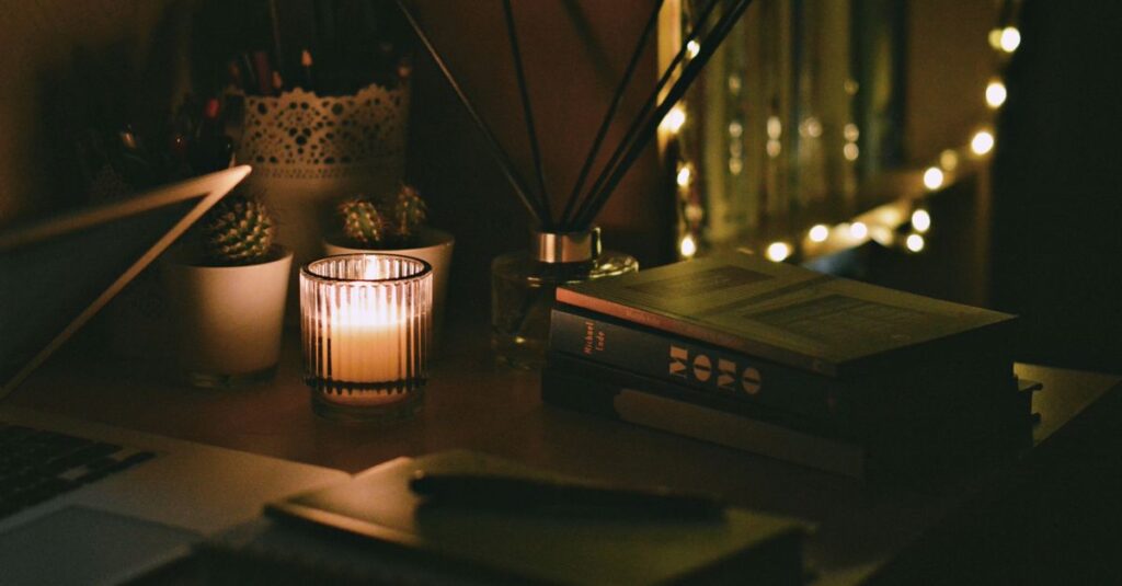 quiet evening desk soft light tired calm atmosphere