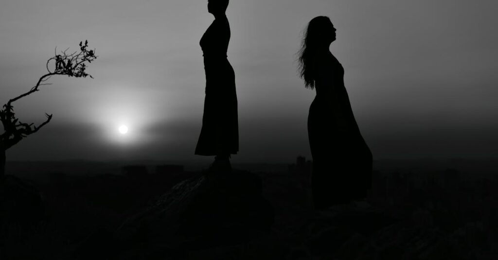 夕暮れの中で少し距離を保って立つ二人。合わないけれど悪ではない関係を象徴する風景。