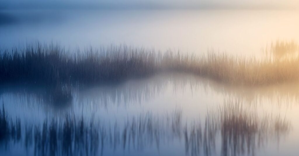soft morning light quiet clarity emerging gentle fog lifting calm peaceful atmosphere