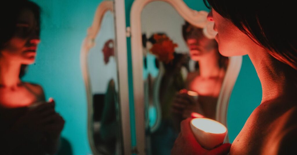 soft mirror reflection quiet self criticism gentle light calm emotional depth