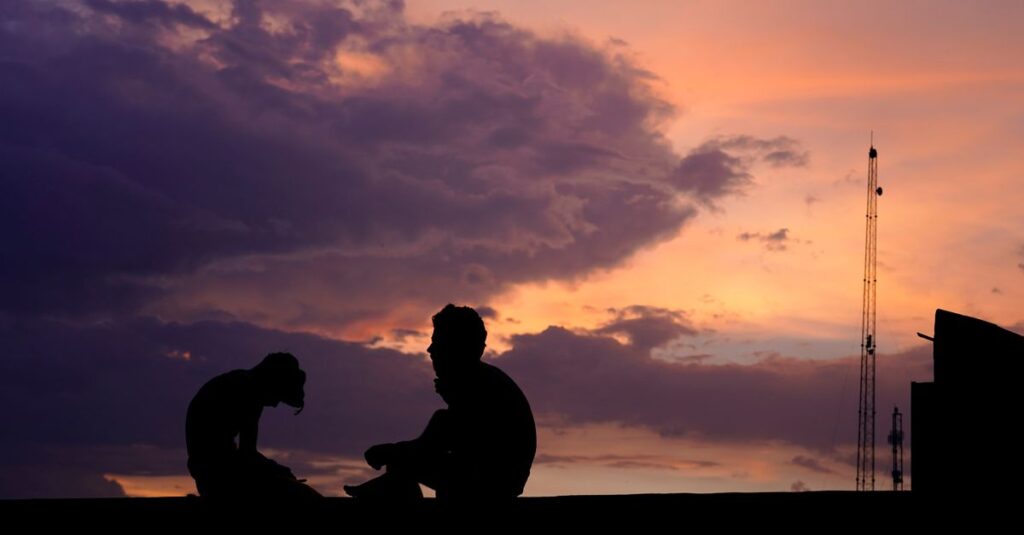 soft light two quiet figures gentle dialogue calm trust healing atmosphere