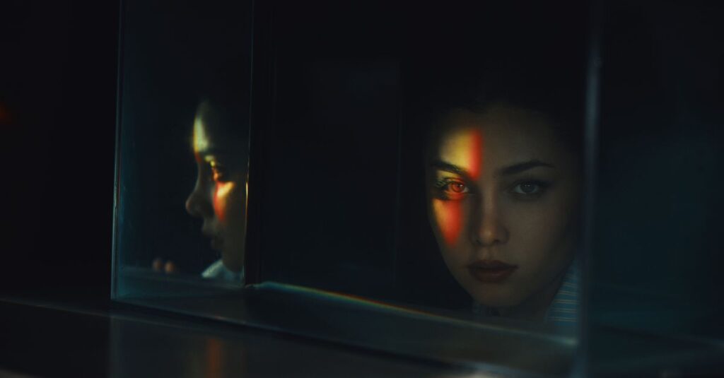 soft mirror reflection quiet self criticism gentle light calm emotional depth