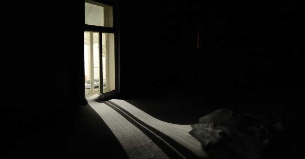 夜の窓辺にひとりたたずむ女性。外からは十分に見えても、内側にある静かな空虚感を象徴する風景。