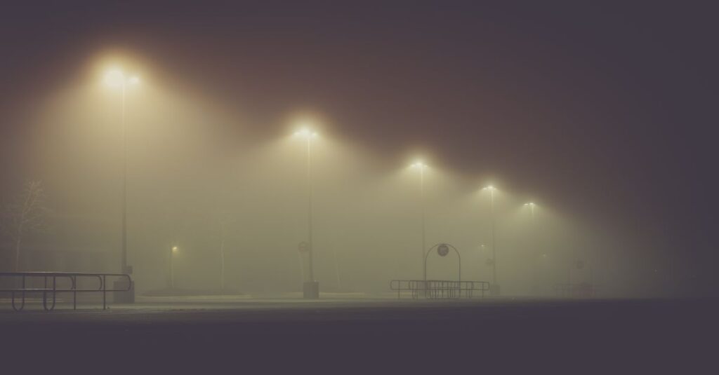 やわらかな光の中で霧深い夜に近所の人たちが静かに集まり家を建てている様子。棟上げ式のサビアンシンボルを象徴する風景。