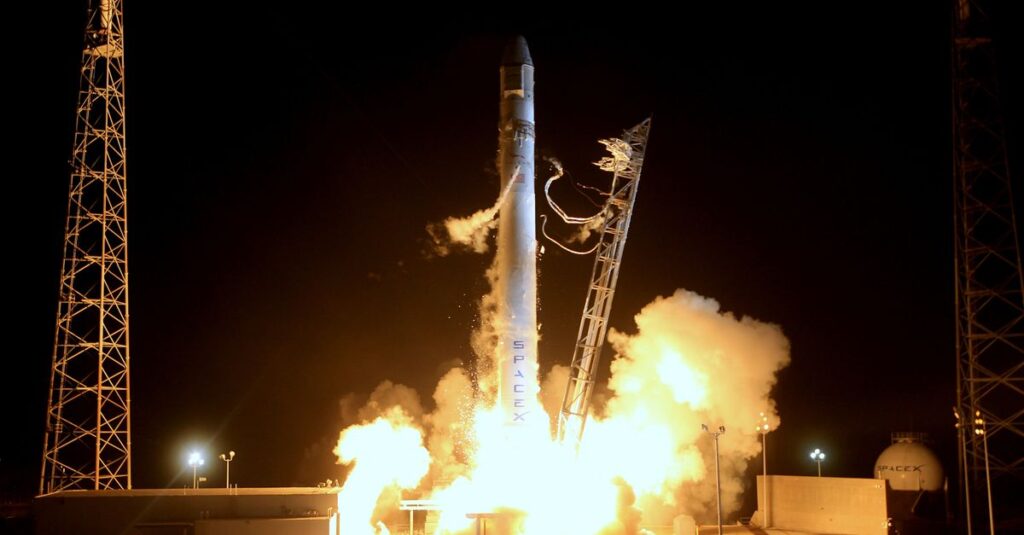 やわらかな光の中でお布団からロケットが飛び立つ様子。第9ハウスの天王星が示す革命的な移動を象徴する風景。